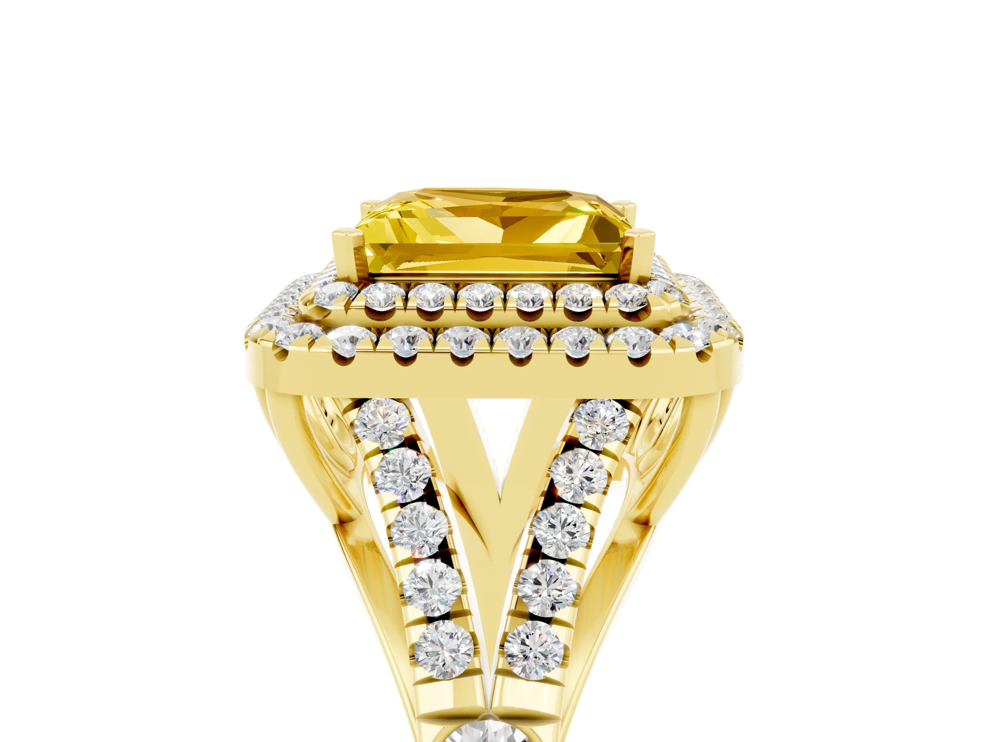 Yellow gold Princess Cut Yellow Sapphire Double Halo Ring with Split Shank and Prong Setting_17