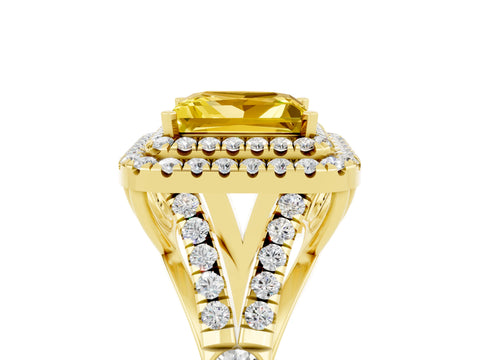 Yellow gold Princess Cut Yellow Sapphire Double Halo Ring with Split Shank and Prong Setting_17