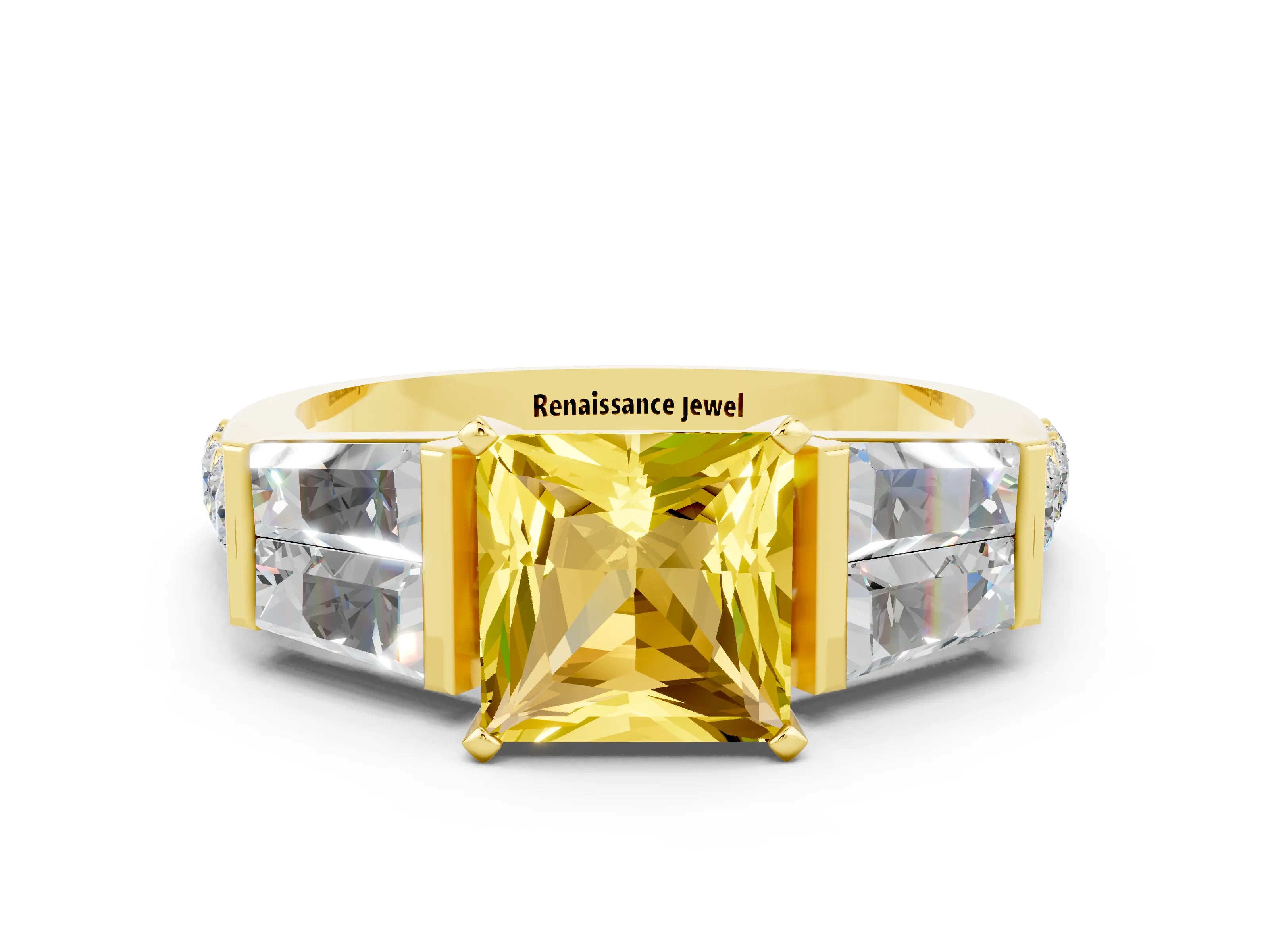 Yellow gold Princess Cut Yellow Sapphire Engagement Ring with Baguette Side Stones and Channel Set Band