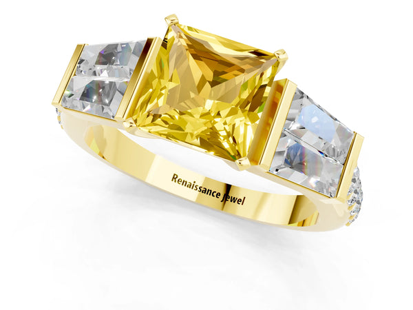 Yellow gold Princess Cut Yellow Sapphire Engagement Ring with Baguette Side Stones and Channel Set Band