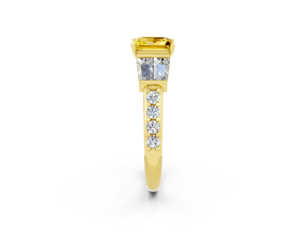 Yellow gold Princess Cut Yellow Sapphire Engagement Ring with Baguette Side Stones and Channel Set Band