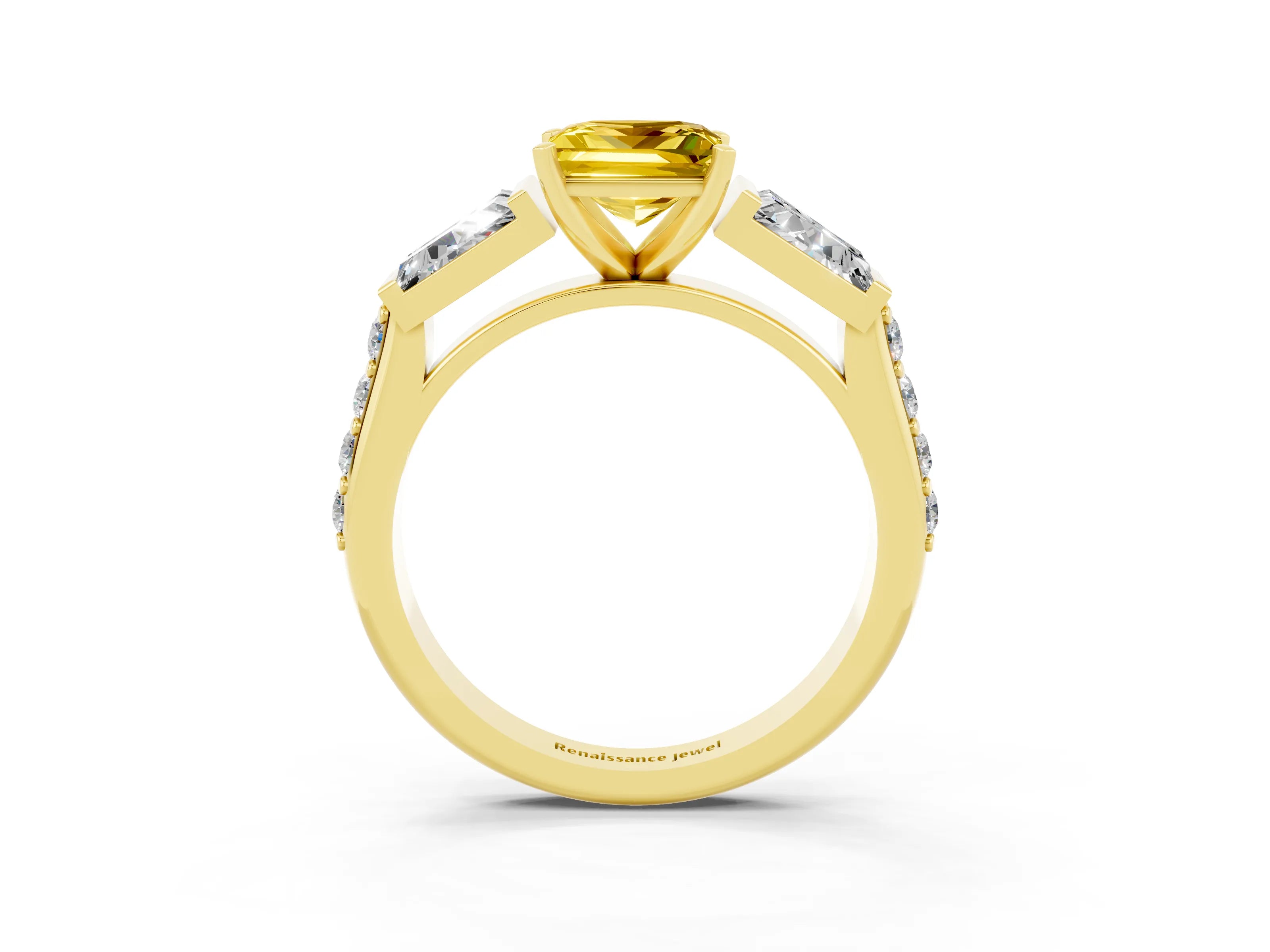 Yellow gold Princess Cut Yellow Sapphire Engagement Ring with Baguette Side Stones and Channel Set Band_3