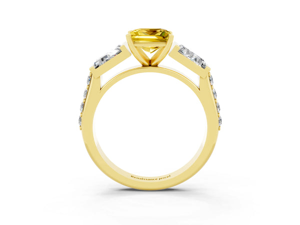 Yellow gold Princess Cut Yellow Sapphire Engagement Ring with Baguette Side Stones and Channel Set Band