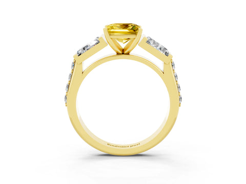 Yellow gold Princess Cut Yellow Sapphire Engagement Ring with Baguette Side Stones and Channel Set Band_3