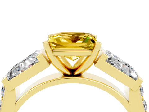 Yellow gold Princess Cut Yellow Sapphire Engagement Ring with Baguette Side Stones and Channel Set Band_4