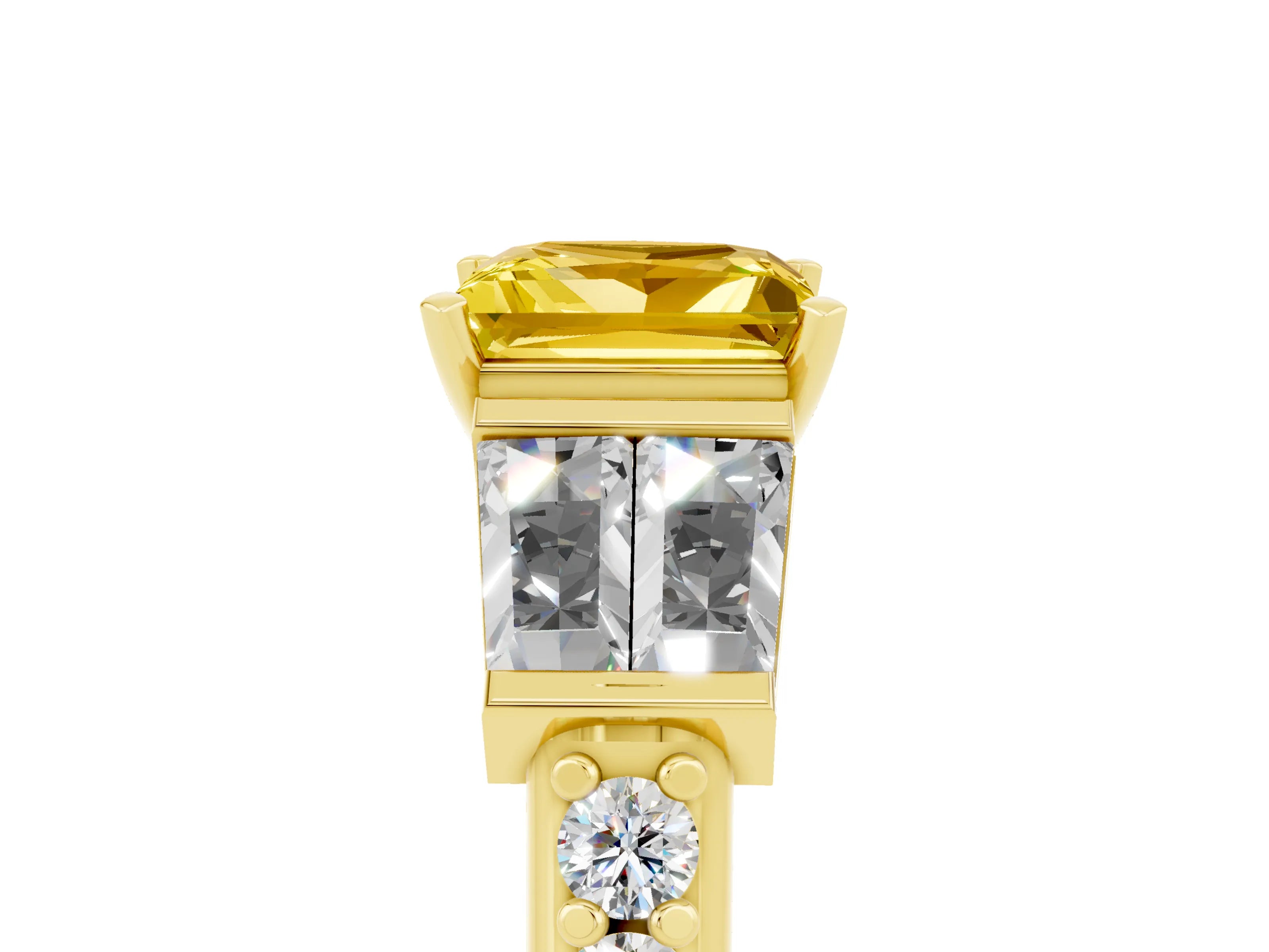 Yellow gold Princess Cut Yellow Sapphire Engagement Ring with Baguette Side Stones and Channel Set Band_5