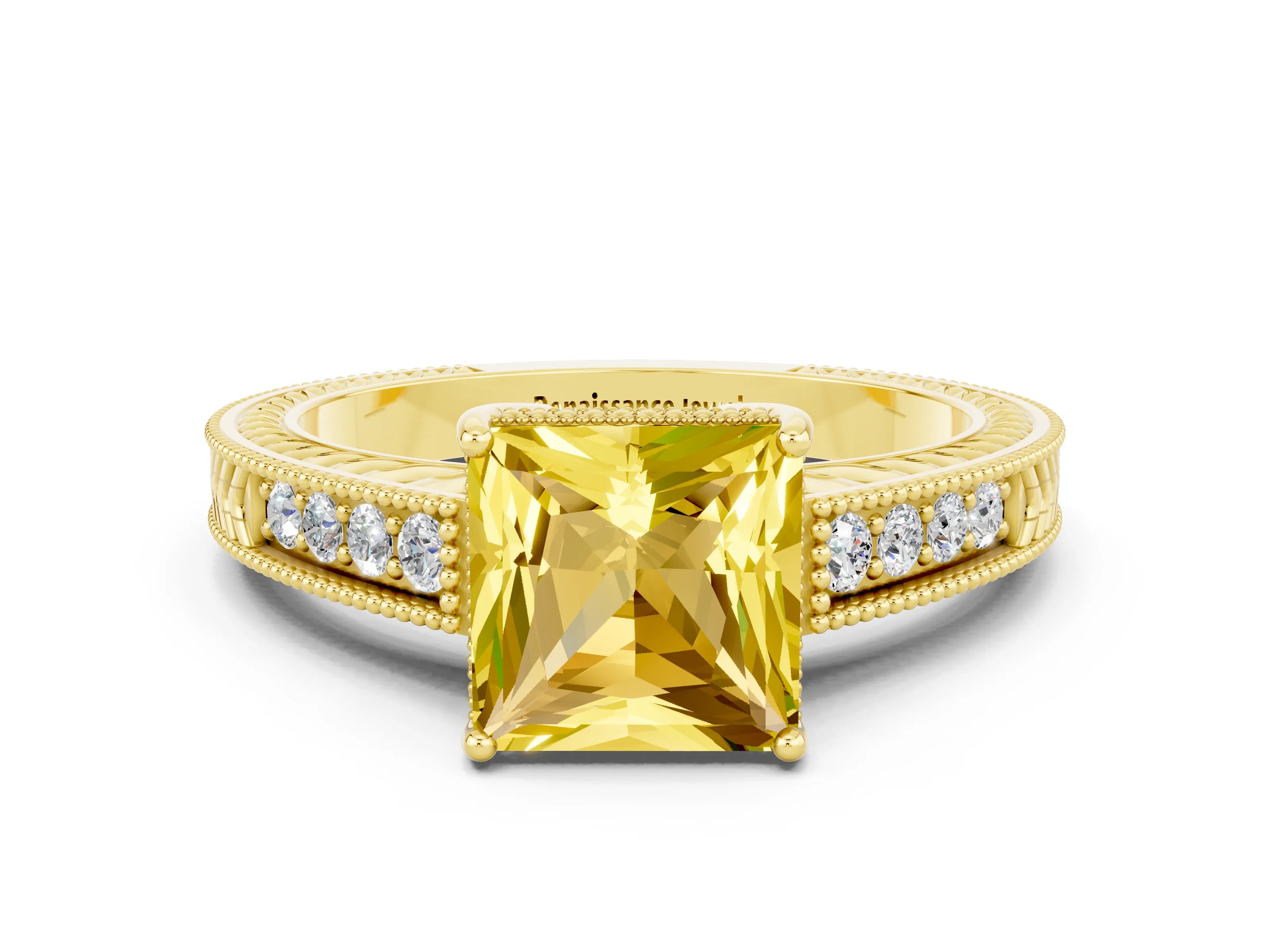 Yellow gold Princess Cut Yellow Sapphire Engagement Ring with Milgrain Channel Set Band and Prong Setting_24