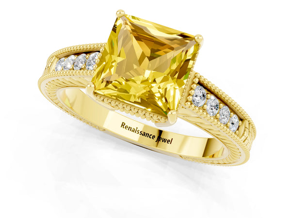 Yellow gold Princess Cut Yellow Sapphire Engagement Ring with Milgrain Channel Set Band and Prong Setting