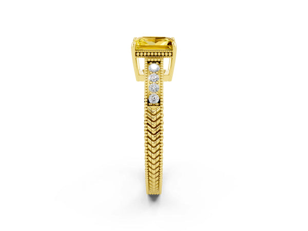 Yellow gold Princess Cut Yellow Sapphire Engagement Ring with Milgrain Channel Set Band and Prong Setting