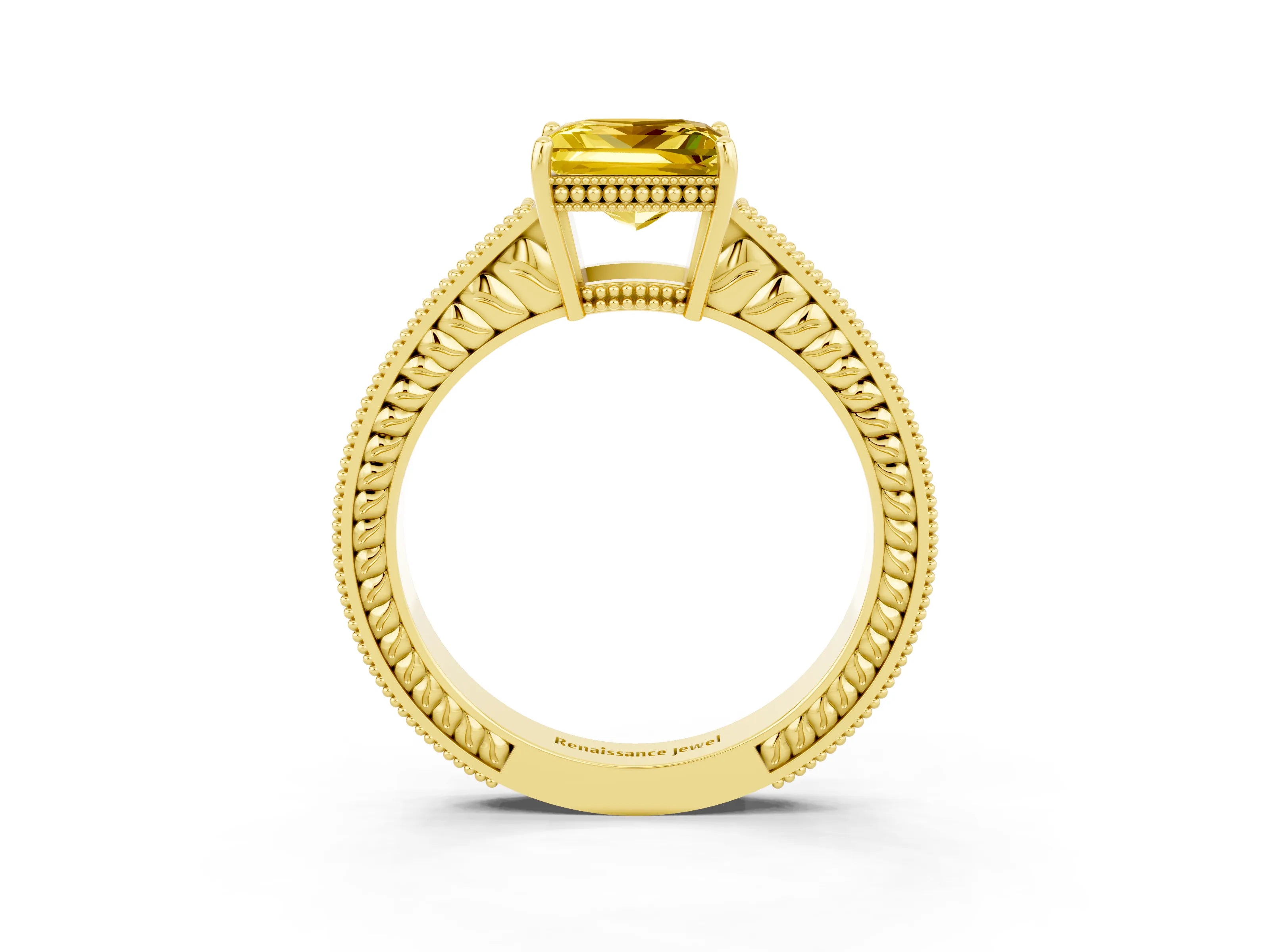 Yellow gold Princess Cut Yellow Sapphire Engagement Ring with Milgrain Channel Set Band and Prong Setting_27