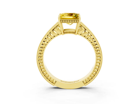 Yellow gold Princess Cut Yellow Sapphire Engagement Ring with Milgrain Channel Set Band and Prong Setting_27