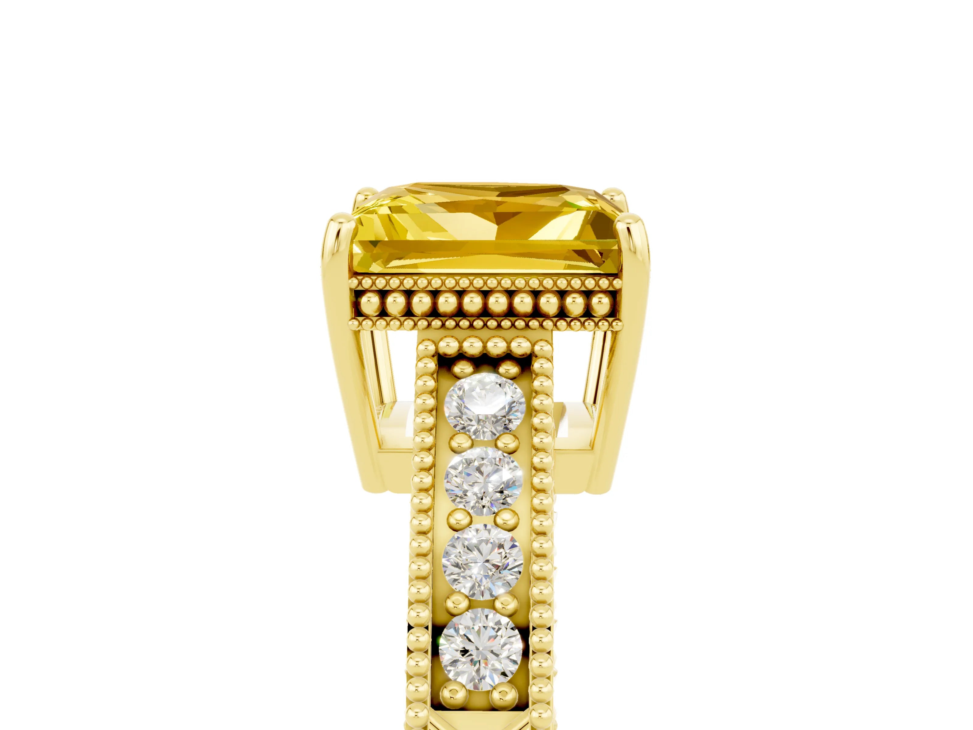 Yellow gold Princess Cut Yellow Sapphire Engagement Ring with Milgrain Channel Set Band and Prong Setting_29