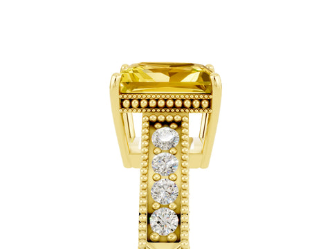 Yellow gold Princess Cut Yellow Sapphire Engagement Ring with Milgrain Channel Set Band and Prong Setting_29