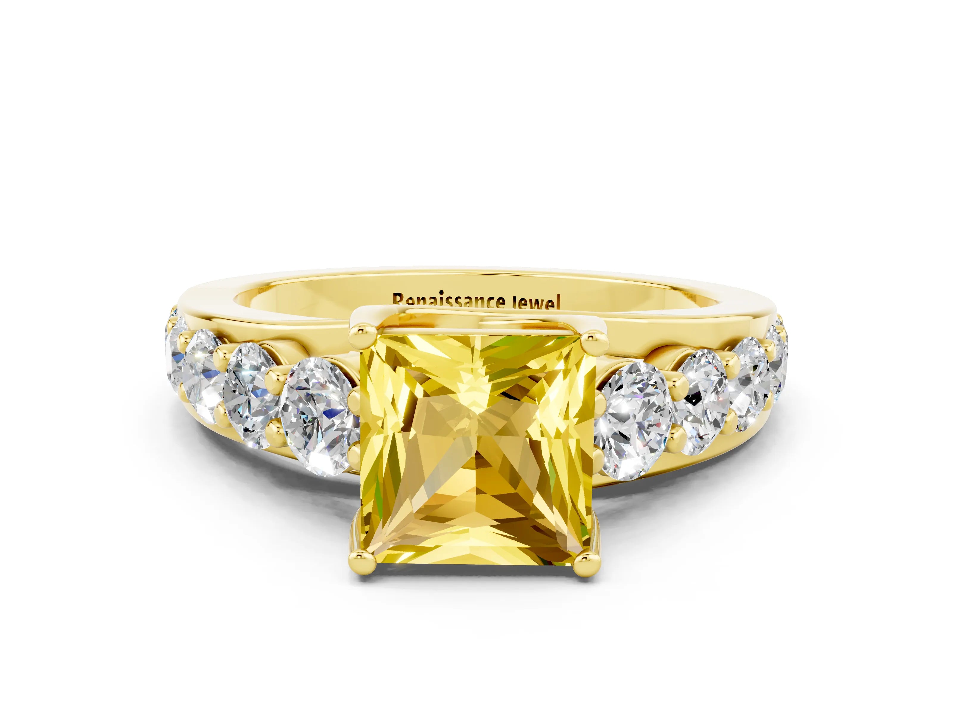 Yellow gold Princess Cut Yellow Sapphire Engagement Ring with Pavé Band and Four-Prong Setting