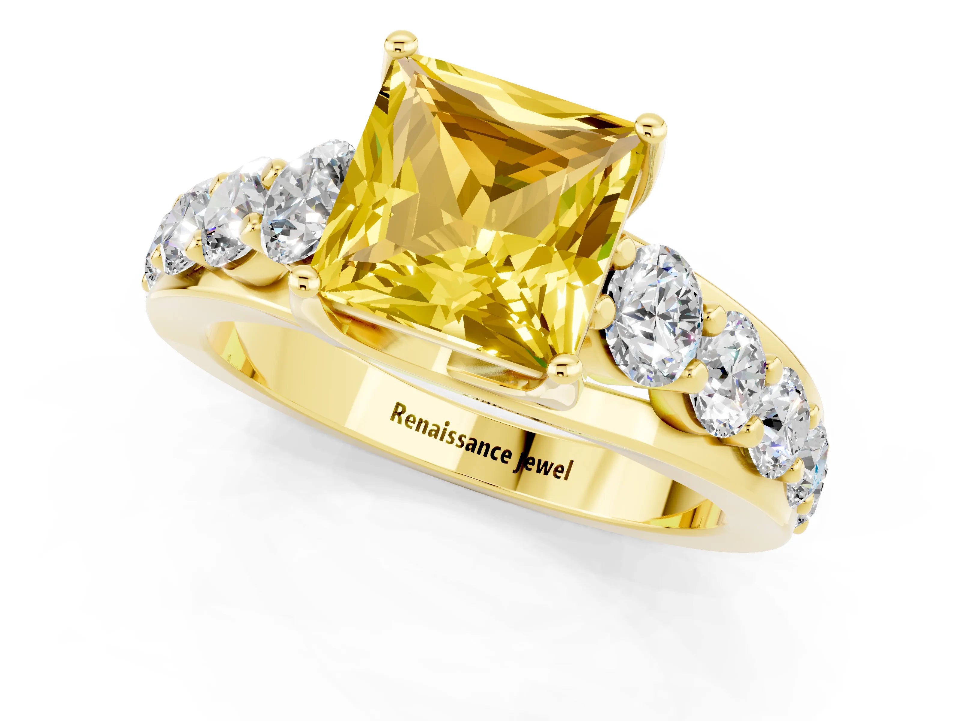Yellow gold Princess Cut Yellow Sapphire Engagement Ring with Pavé Band and Four-Prong Setting_1