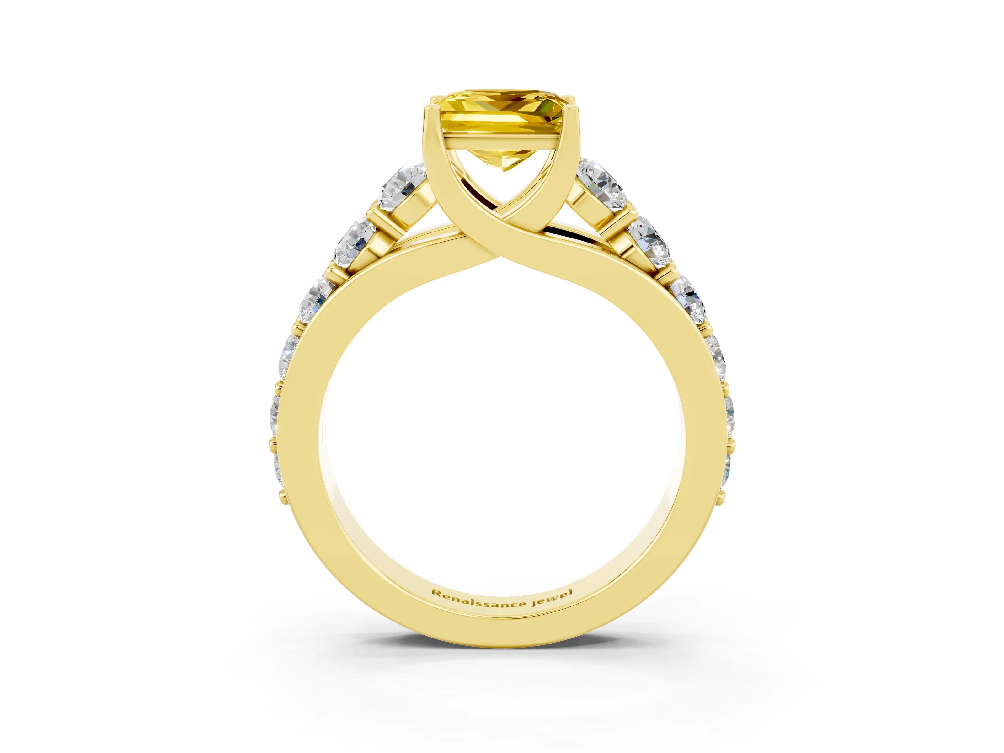 Yellow gold Princess Cut Yellow Sapphire Engagement Ring with Pavé Band and Four-Prong Setting_3