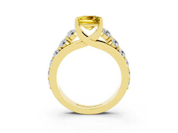 Yellow gold Princess Cut Yellow Sapphire Engagement Ring with Pavé Band and Four-Prong Setting