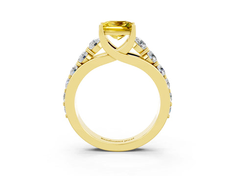 Yellow gold Princess Cut Yellow Sapphire Engagement Ring with Pavé Band and Four-Prong Setting_3