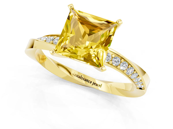 Yellow gold Princess Cut Yellow Sapphire Engagement Ring with Side Stone Accents and Four-Prong Setting
