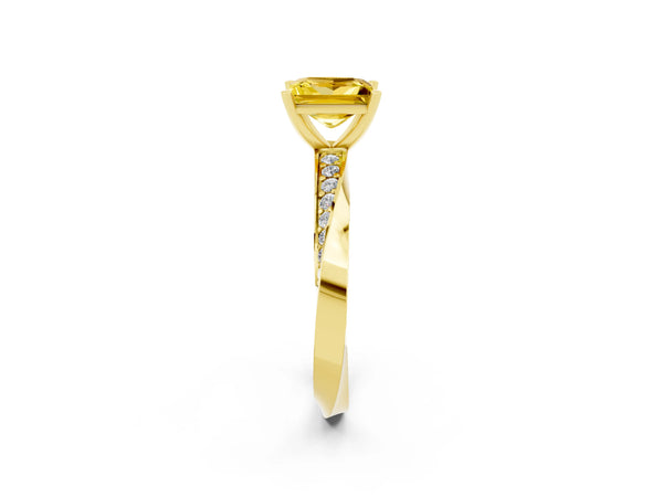 Yellow gold Princess Cut Yellow Sapphire Engagement Ring with Side Stone Accents and Four-Prong Setting