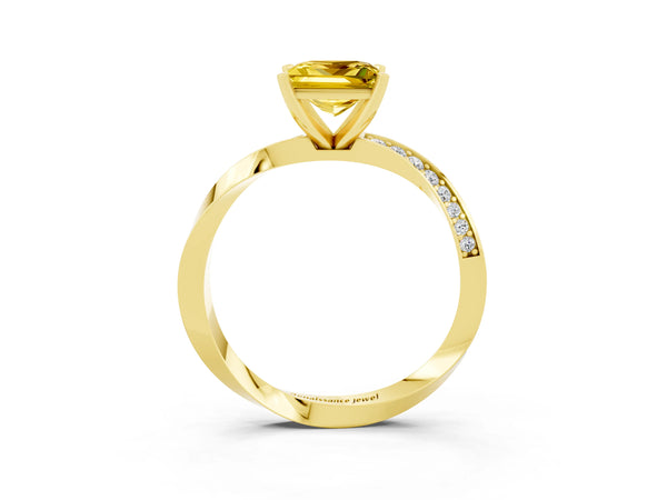 Yellow gold Princess Cut Yellow Sapphire Engagement Ring with Side Stone Accents and Four-Prong Setting
