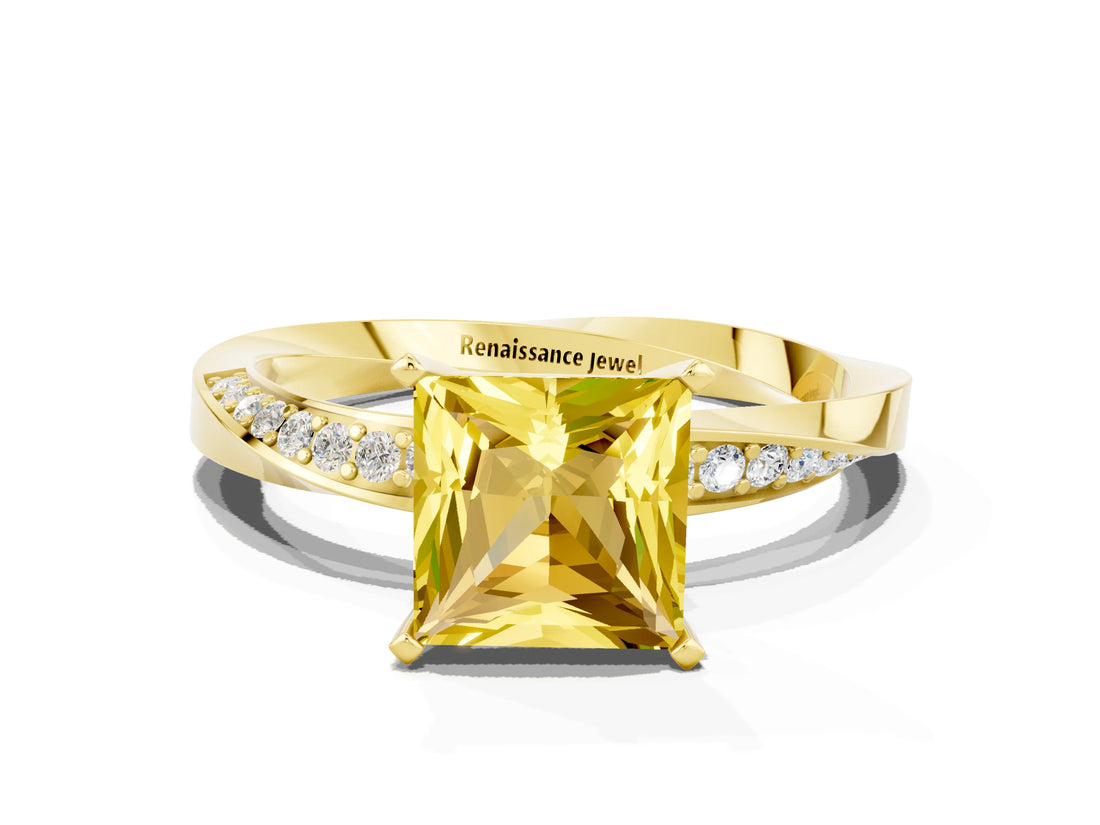 Yellow gold Princess Cut Yellow Sapphire Engagement Ring with Side Stone Accents and Four-Prong Setting_60