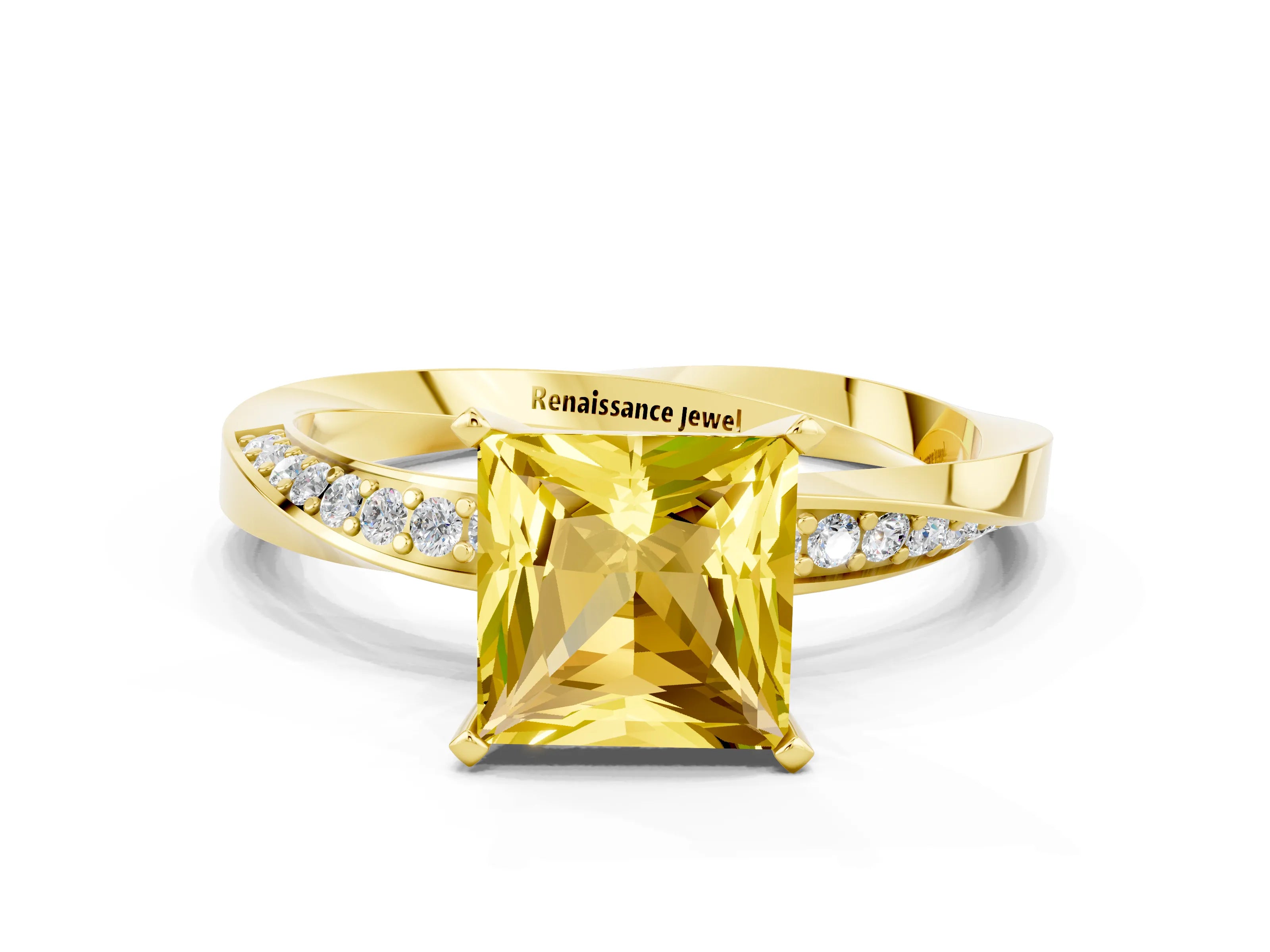 Yellow gold Princess Cut Yellow Sapphire Engagement Ring with Side Stone Accents and Four-Prong Setting_63