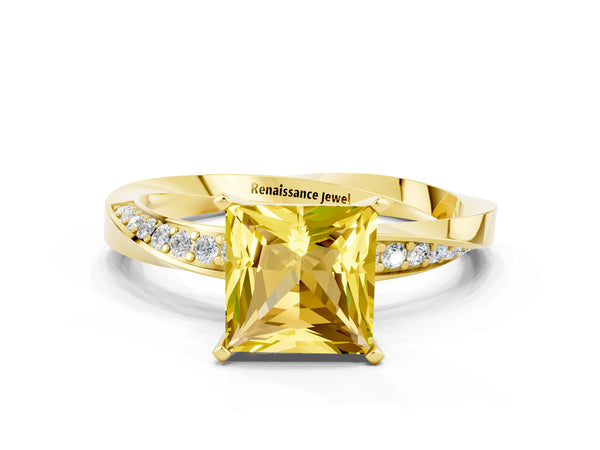 Yellow gold Princess Cut Yellow Sapphire Engagement Ring with Side Stone Accents and Four-Prong Setting