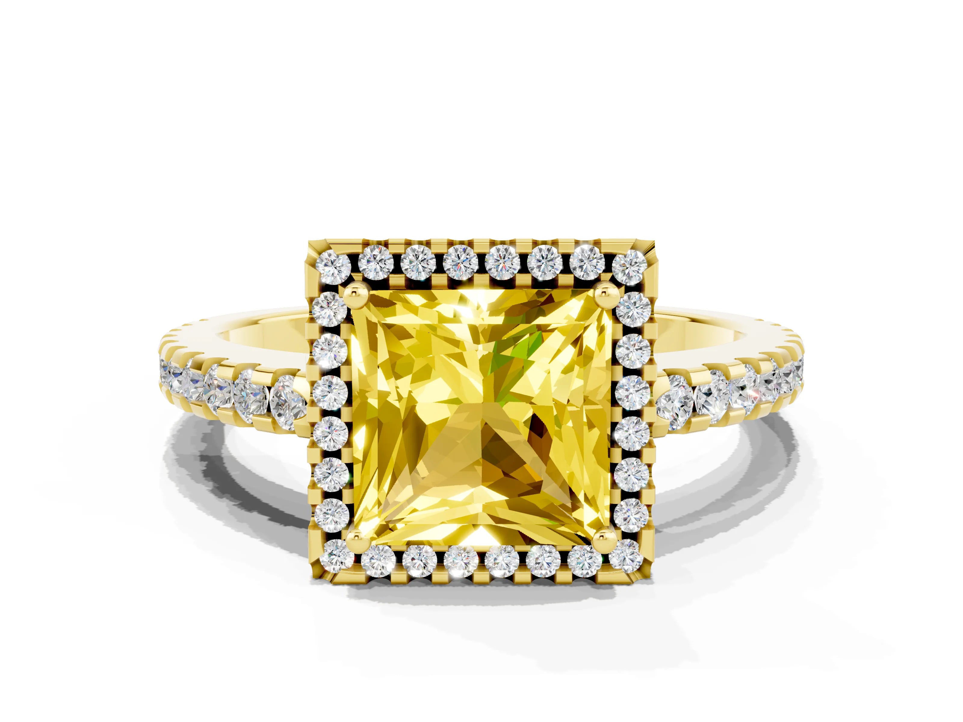 Yellow gold Princess Cut Yellow Sapphire Halo Engagement Ring with Pavé Band and Prong Setting_12
