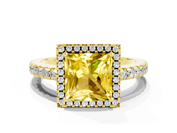 Yellow gold Princess Cut Yellow Sapphire Halo Engagement Ring with Pavé Band and Prong Setting