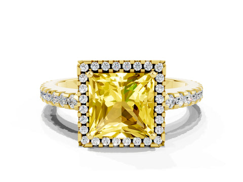 Yellow gold Princess Cut Yellow Sapphire Halo Engagement Ring with Pavé Band and Prong Setting_12