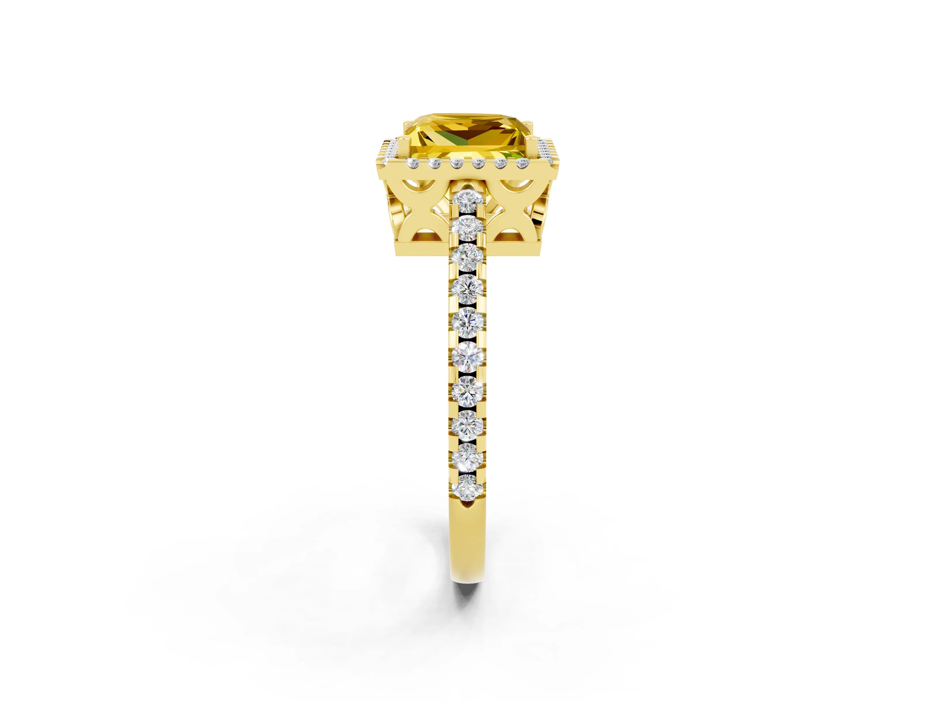 Yellow gold Princess Cut Yellow Sapphire Halo Engagement Ring with Pavé Band and Prong Setting_14