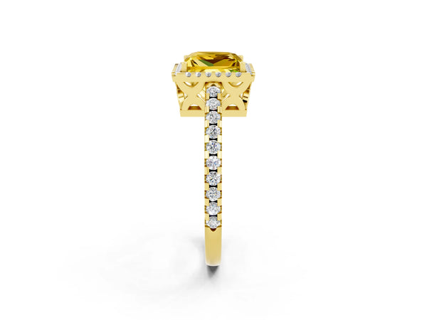 Yellow gold Princess Cut Yellow Sapphire Halo Engagement Ring with Pavé Band and Prong Setting