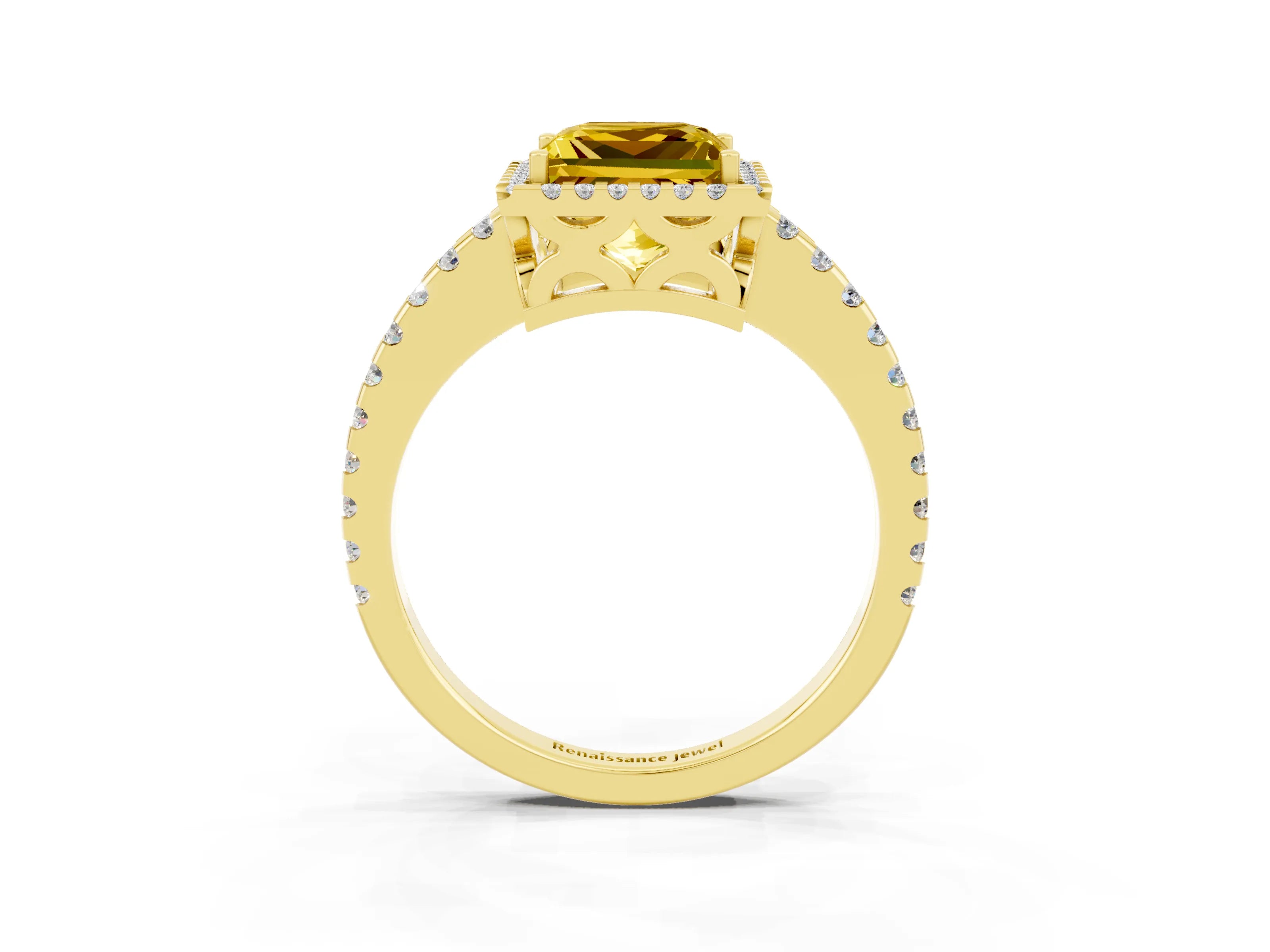 Yellow gold Princess Cut Yellow Sapphire Halo Engagement Ring with Pavé Band and Prong Setting_15