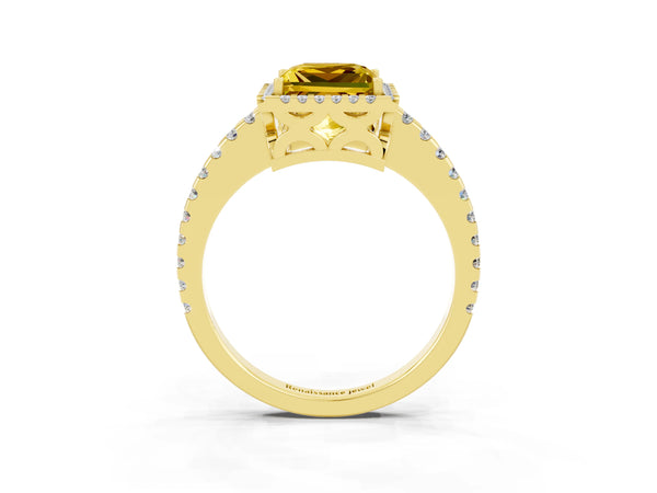Yellow gold Princess Cut Yellow Sapphire Halo Engagement Ring with Pavé Band and Prong Setting