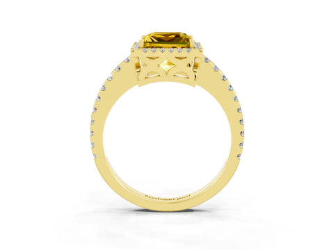 Yellow gold Princess Cut Yellow Sapphire Halo Engagement Ring with Pavé Band and Prong Setting_15