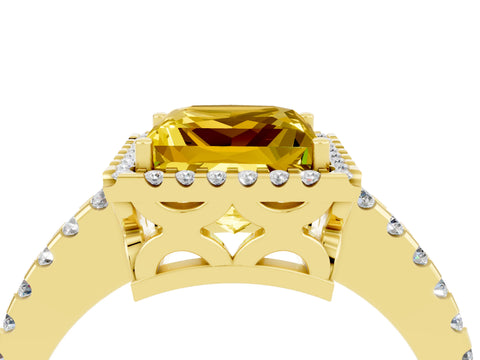 Yellow gold Princess Cut Yellow Sapphire Halo Engagement Ring with Pavé Band and Prong Setting_16
