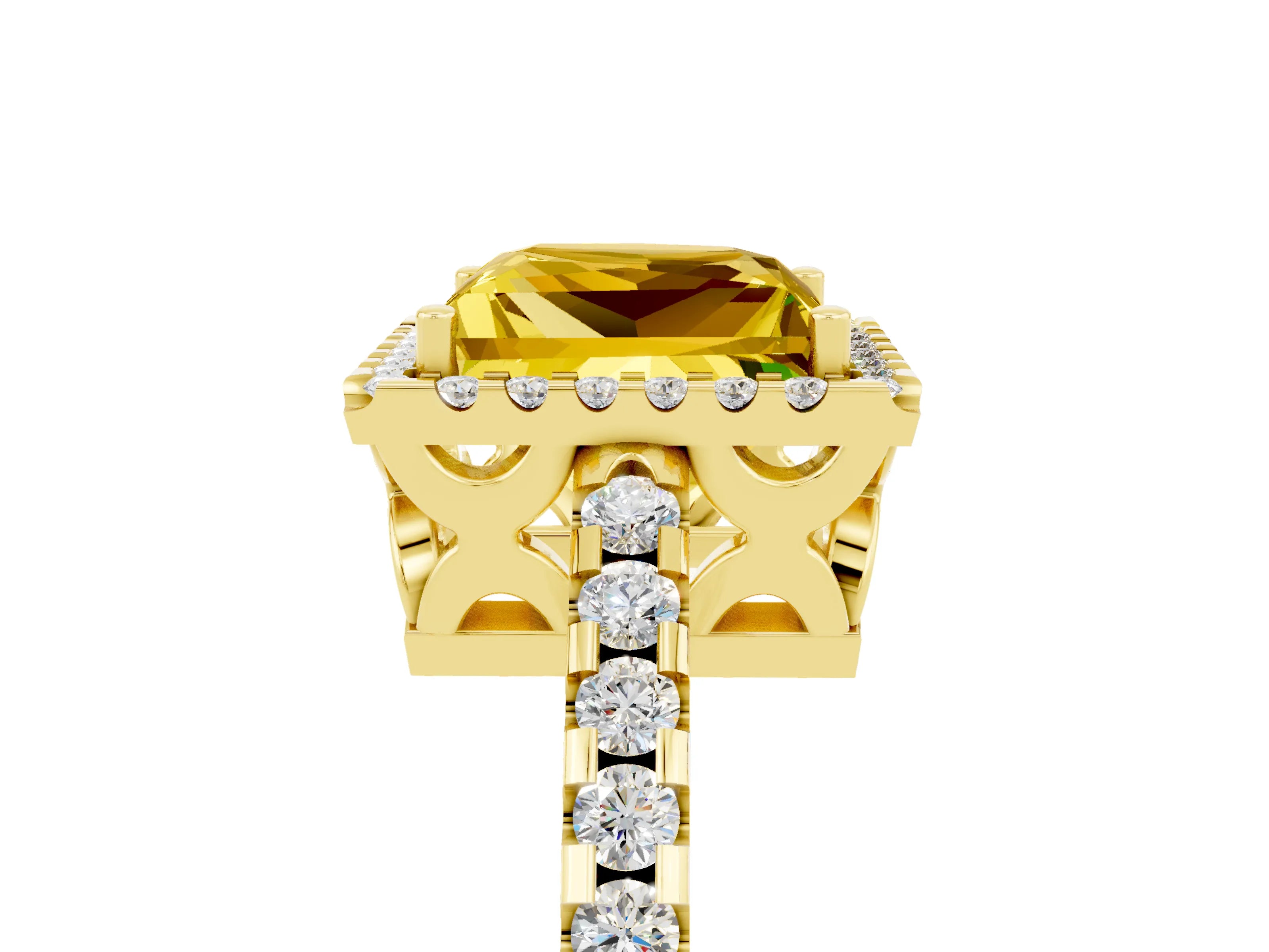Yellow gold Princess Cut Yellow Sapphire Halo Engagement Ring with Pavé Band and Prong Setting_17