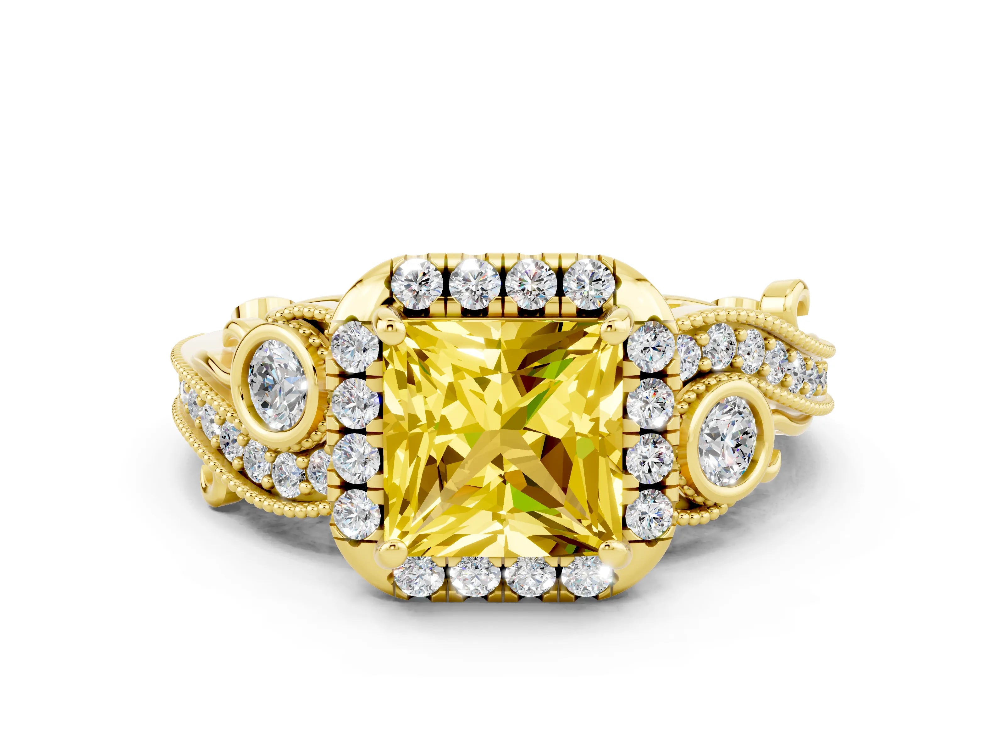 Yellow gold Princess Cut Yellow Sapphire Halo Ring with Milgrain Pavé Band and Four-Prong Setting_12