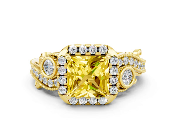 Yellow gold Princess Cut Yellow Sapphire Halo Ring with Milgrain Pavé Band and Four-Prong Setting
