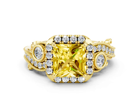Yellow gold Princess Cut Yellow Sapphire Halo Ring with Milgrain Pavé Band and Four-Prong Setting_12