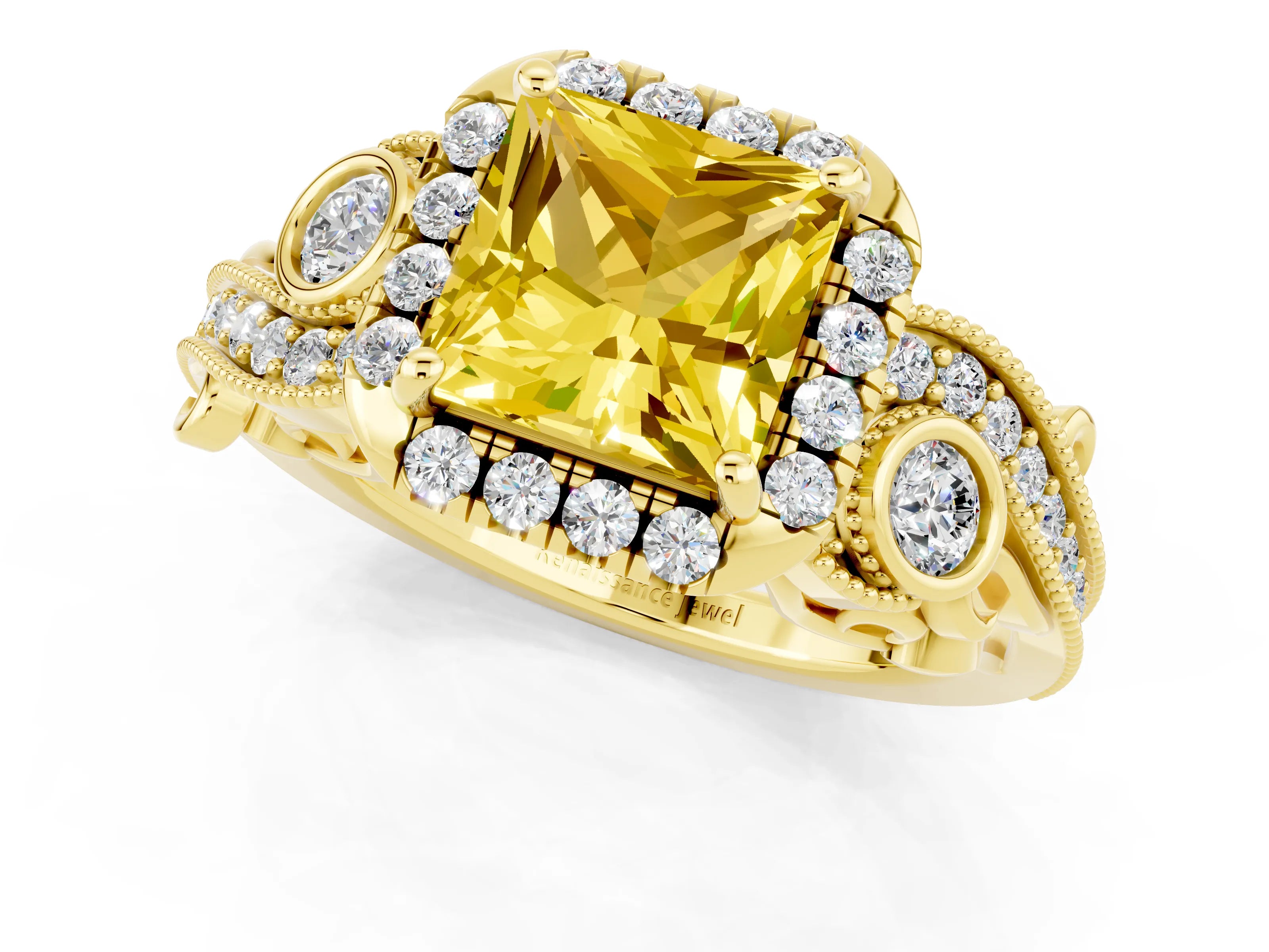 Yellow gold Princess Cut Yellow Sapphire Halo Ring with Milgrain Pavé Band and Four-Prong Setting_13