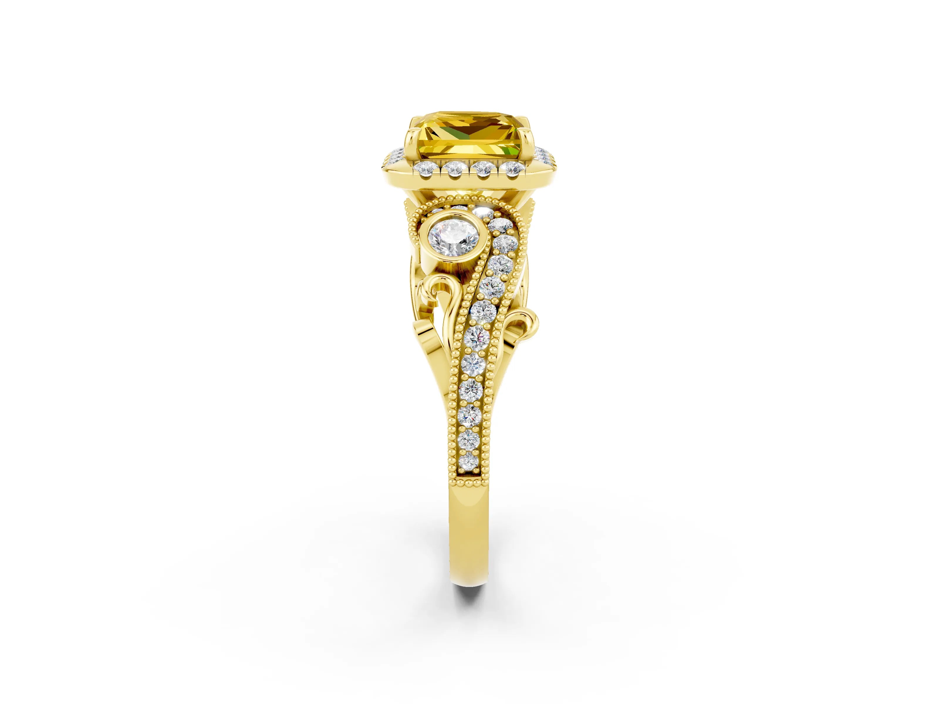 Yellow gold Princess Cut Yellow Sapphire Halo Ring with Milgrain Pavé Band and Four-Prong Setting_14