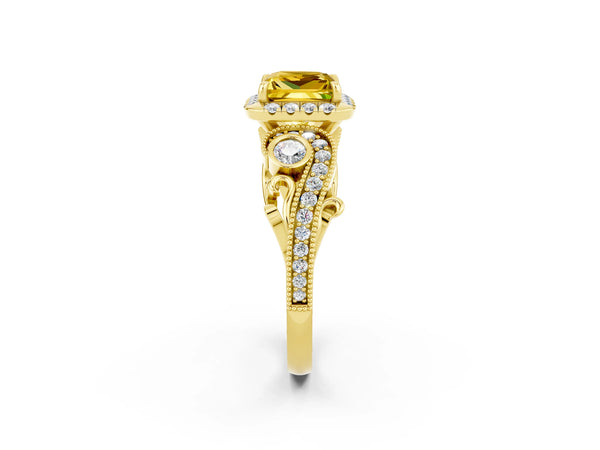 Yellow gold Princess Cut Yellow Sapphire Halo Ring with Milgrain Pavé Band and Four-Prong Setting