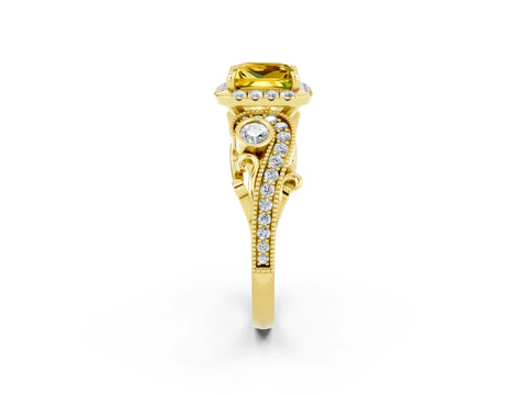 Yellow gold Princess Cut Yellow Sapphire Halo Ring with Milgrain Pavé Band and Four-Prong Setting_14