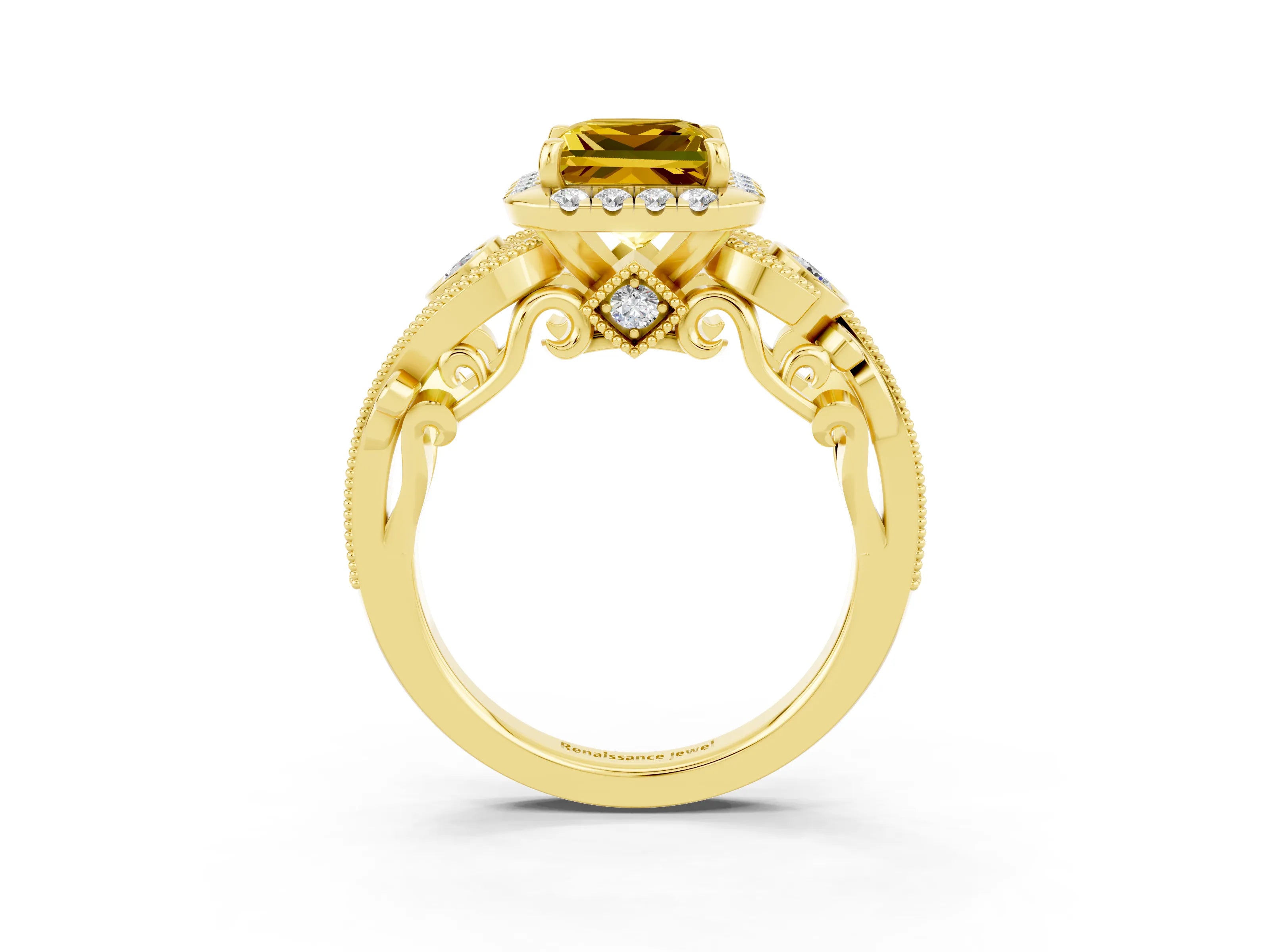 Yellow gold Princess Cut Yellow Sapphire Halo Ring with Milgrain Pavé Band and Four-Prong Setting_15