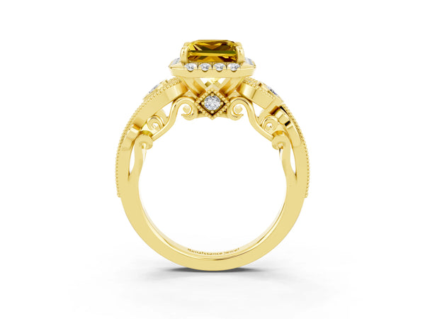 Yellow gold Princess Cut Yellow Sapphire Halo Ring with Milgrain Pavé Band and Four-Prong Setting