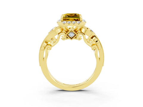 Yellow gold Princess Cut Yellow Sapphire Halo Ring with Milgrain Pavé Band and Four-Prong Setting_15