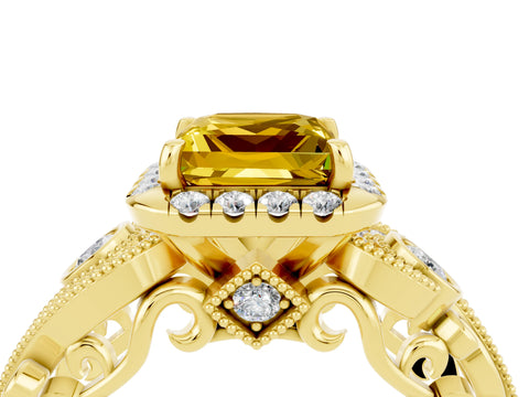 Yellow gold Princess Cut Yellow Sapphire Halo Ring with Milgrain Pavé Band and Four-Prong Setting_16