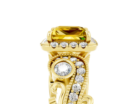 Yellow gold Princess Cut Yellow Sapphire Halo Ring with Milgrain Pavé Band and Four-Prong Setting_17